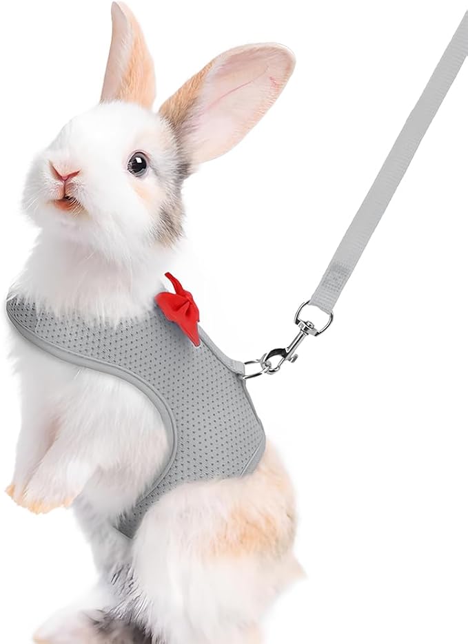 Grey Rabbit Harness and Leash Set, with Cute Bow Soft Breathable Mesh Bunny Vest Harness for Rabbits Kitten Ferret Puppy Small Pets Walking, L