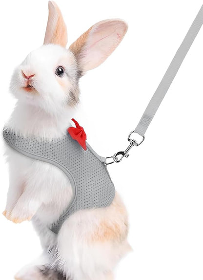 Grey Rabbit Harness and Leash Set, with Cute Bow Soft Breathable Mesh Bunny Vest Harness for Rabbits Kitten Ferret Puppy Small Pets Walking, L