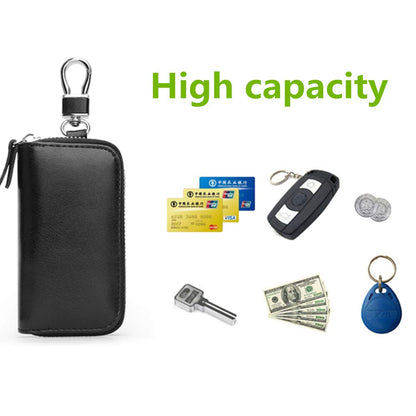 Genuine Leather Key Holder Bag with 2 Card Slots & 6 Hooks, Access Card Key Case Wallet for Men & Women (Black)