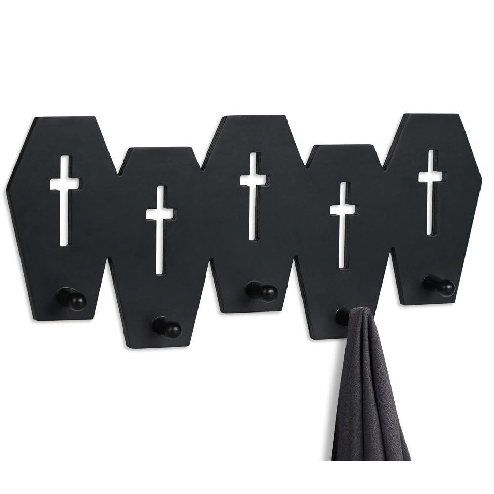 Gothvanity Gothic Coffin Coat Hooks - Heavy Duty 5-Hook Wall Rack, Wooden Black Spooky Dark Aesthetic Decor for Keys Purse Towel Clothes, Bathroom Bedroom Living Room