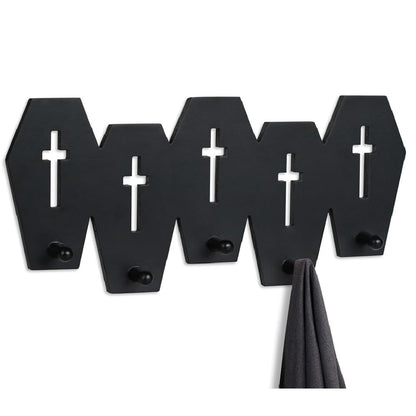 Gothvanity Gothic Coffin Coat Hooks - Heavy Duty 5-Hook Wall Rack, Wooden Black Spooky Dark Aesthetic Decor for Keys Purse Towel Clothes, Bathroom Bedroom Living Room
