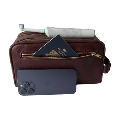 Toiletries bag for men, Premium PU Leather Dopp with Metal Zippers & Bottom Studs, Waterproof Grooming Kit for Men, Mens Birthday Gift, Includes Velvet Dust Bag & Shape-Retention Stuffing / DARK BROWN
