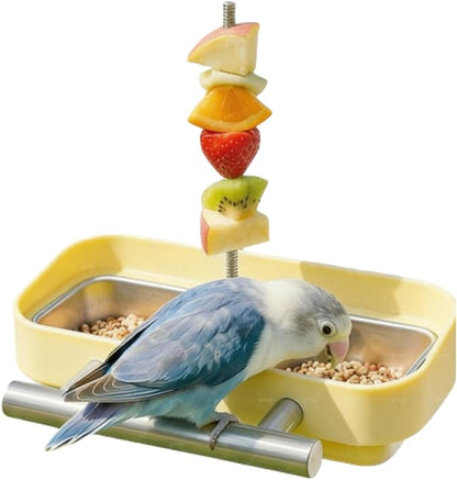Bird Feeder Birds Bowls Stainless Steel Dishes Coop Cups with Fruit Skewer, Parrot Feeding Dish Cups Food Water Bowls with Bird Food Holder for Budgies Lovebirds (Yellow,Square)