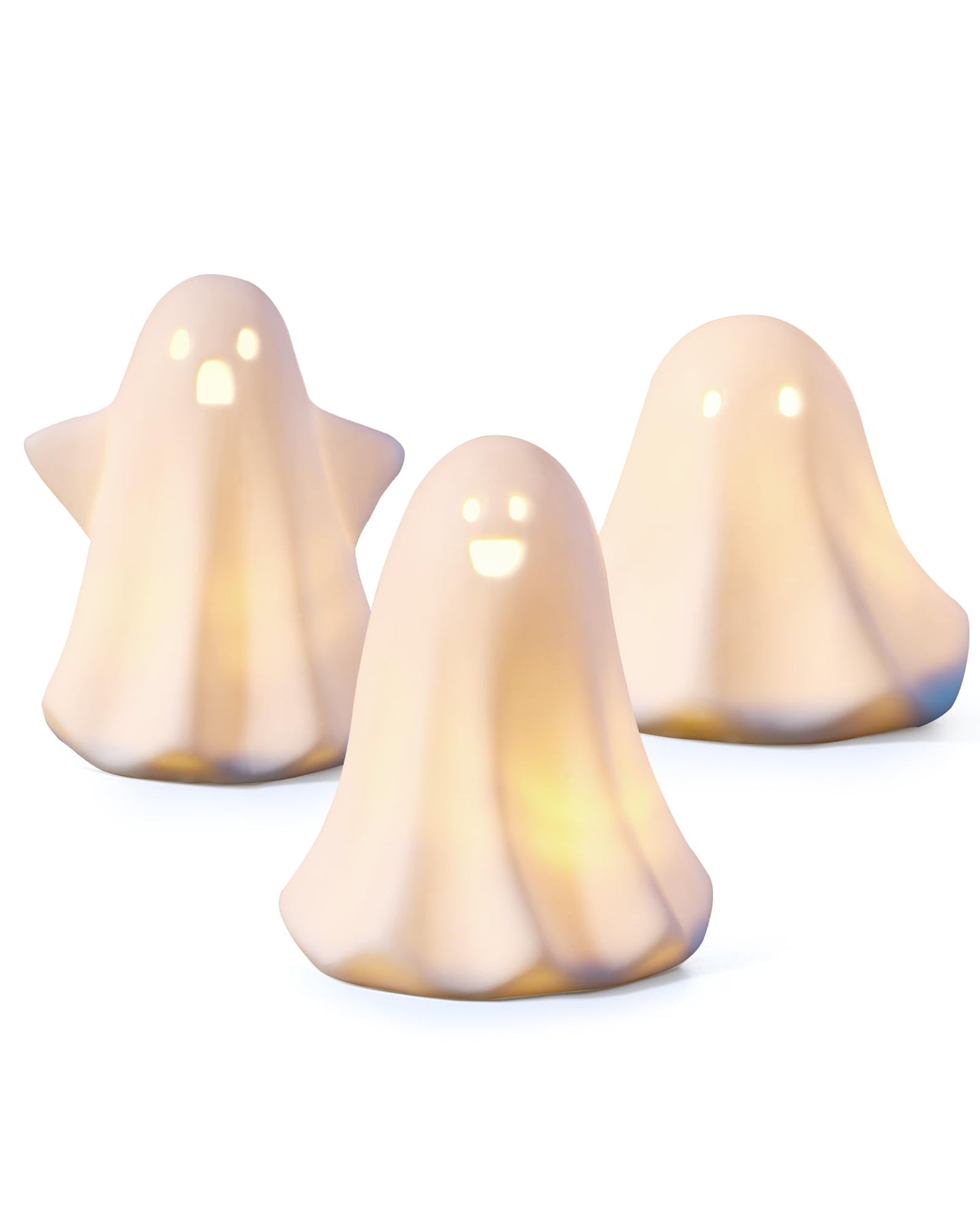 AOMOONOA Ceramic Ghosts Small White Ghost Figurine, 3PCS Light Up Ghost Decor, Small LED Ghost Halloween Decor Spooky Sculptures for Indoor Halloween Party Tabletop Home Shelf Decoration