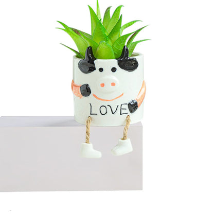 DIYOMR Ceramic Cow Planter, Cute Cartoon Smooth Glazed Flower Plant Pots Drainage Hole Small Succulent Pots for Mini Flower Planters Cactus, Plants Not Include (Cow)