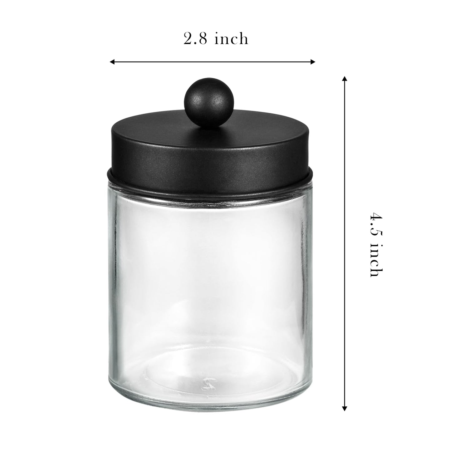 SheeChung 2-Pack Qtip Holder Dispenser - Glass Apothecary Jars with Rust-Proof Stainless Steel Lids - Modern Farmhouse Bathroom Vanity Organizer for Cotton Swabs, Balls, Pads(Black)
