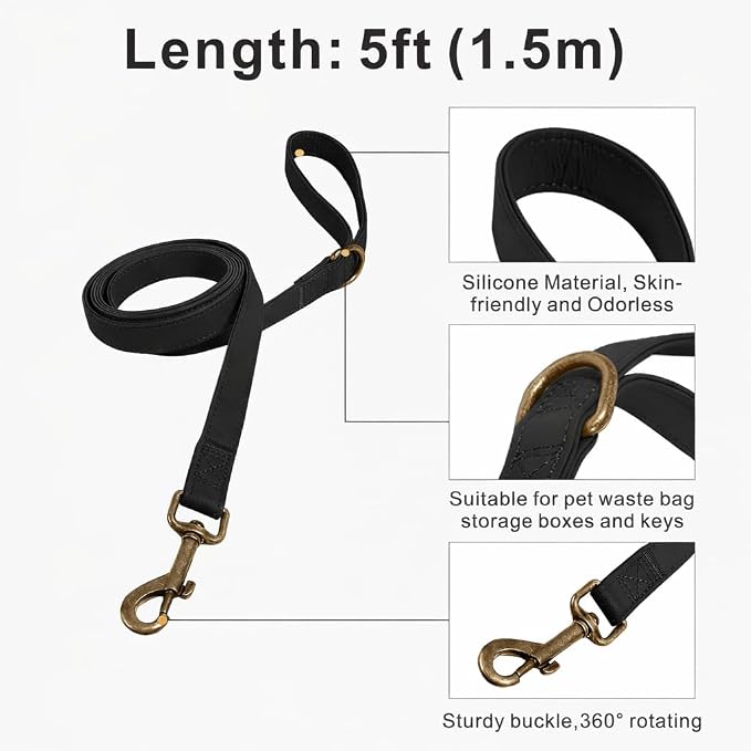 Silicone Dog Collar and Leash Set, Waterproof & Odor-Proof Puppy Collar for Small Dogs, Soft Flexible Leather-Look Dog Collars, Durable Thick Adjustable Pet Collar (Black, Large (16-24.5" Neck))