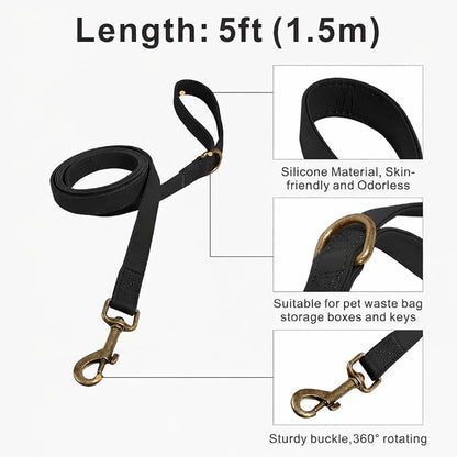 Silicone Dog Collar and Leash Set, Waterproof & Odor-Proof Puppy Collar for Small Dogs, Soft Flexible Leather-Look Dog Collars, Durable Thick Adjustable Pet Collar (Black, Small (11-15.5" Neck))