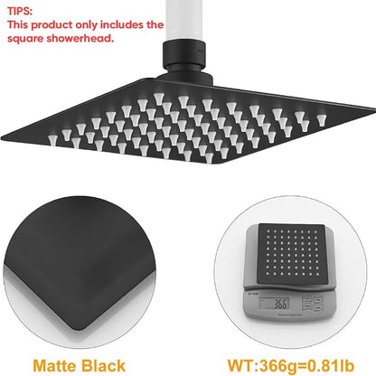 BESy 6 Inch Rain Shower Head, 6" Square Rainfall & High Pressure Stainless Steel Bath Showerhead, 1/16" Ultra Thin, Waterfall Full Body Coverage with Silicone Nozzle, Matte Black Finish
