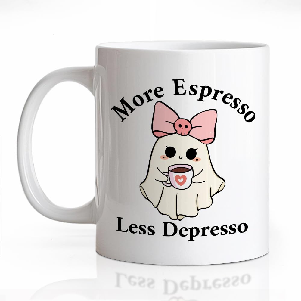 LAGZDFC More Espresso Less Depresso Ceramic Coffee Mug for Women, Funny Halloween Ghost 11oz Coffee Mug Gifts for Coworker Mom, Caffeine Lover Gifts, Anxiety Relief Mugs, Mental Health Humor Present