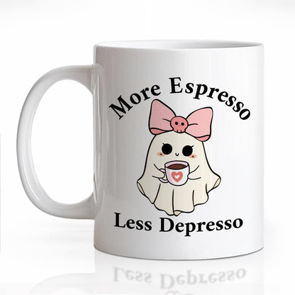 LAGZDFC More Espresso Less Depresso Ceramic Coffee Mug for Women, Funny Halloween Ghost 11oz Coffee Mug Gifts for Coworker Mom, Caffeine Lover Gifts, Anxiety Relief Mugs, Mental Health Humor Present