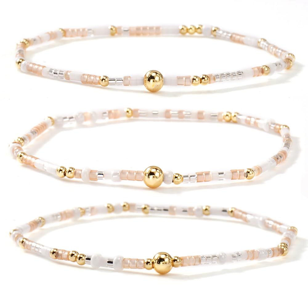 SHINUS BOHO Dainty Gold Plated Tiny White Rice Beaded Stack Bracelets Sets for Women,Stackable Small Beads Cute Bohemian Healing Stretch Trendy Ball Jewelry Friendship Gift Accessories