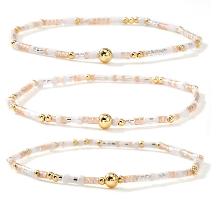 SHINUS BOHO Dainty Gold Plated Tiny White Rice Beaded Stack Bracelets Sets for Women,Stackable Small Beads Cute Bohemian Healing Stretch Trendy Ball Jewelry Friendship Gift Accessories