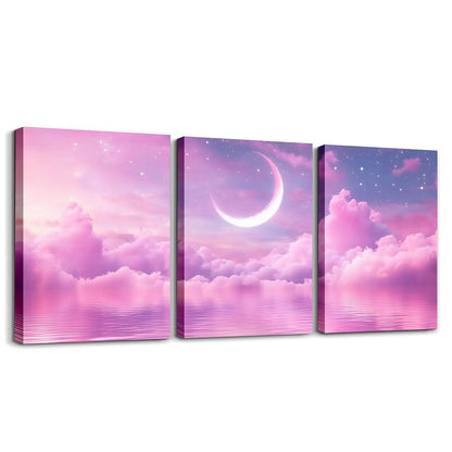 Feelyou Pink Purple Galaxy 3 Piece Canvas Wall Art for Living Room Bedroom Starry Moon Wall Art for Home Decor Dreamy Nebula Office Decor Artwork Outer Space Picture Painting Posters