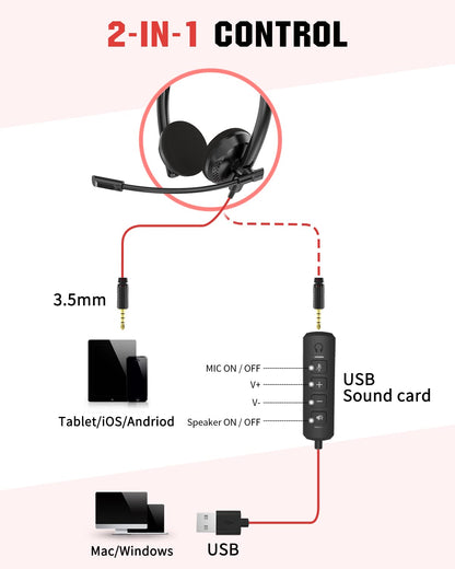 NUBWO HW01 USB Headphone/ 3.5mm Computer Headset with Microphone Noise Cancelling for Laptop, Lightweight PC Headset Wired Headphones, Business Headset, Office Computer Headsets for Cell Phone