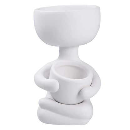Humanoid Ceramic Flower Pot,Unique Small Planter Sitting Human Shaped Succulent Cactus Cute Plant Pot Container for Home Office Room Desk Window Desktop Decoration White,2.36x3.93 Inches