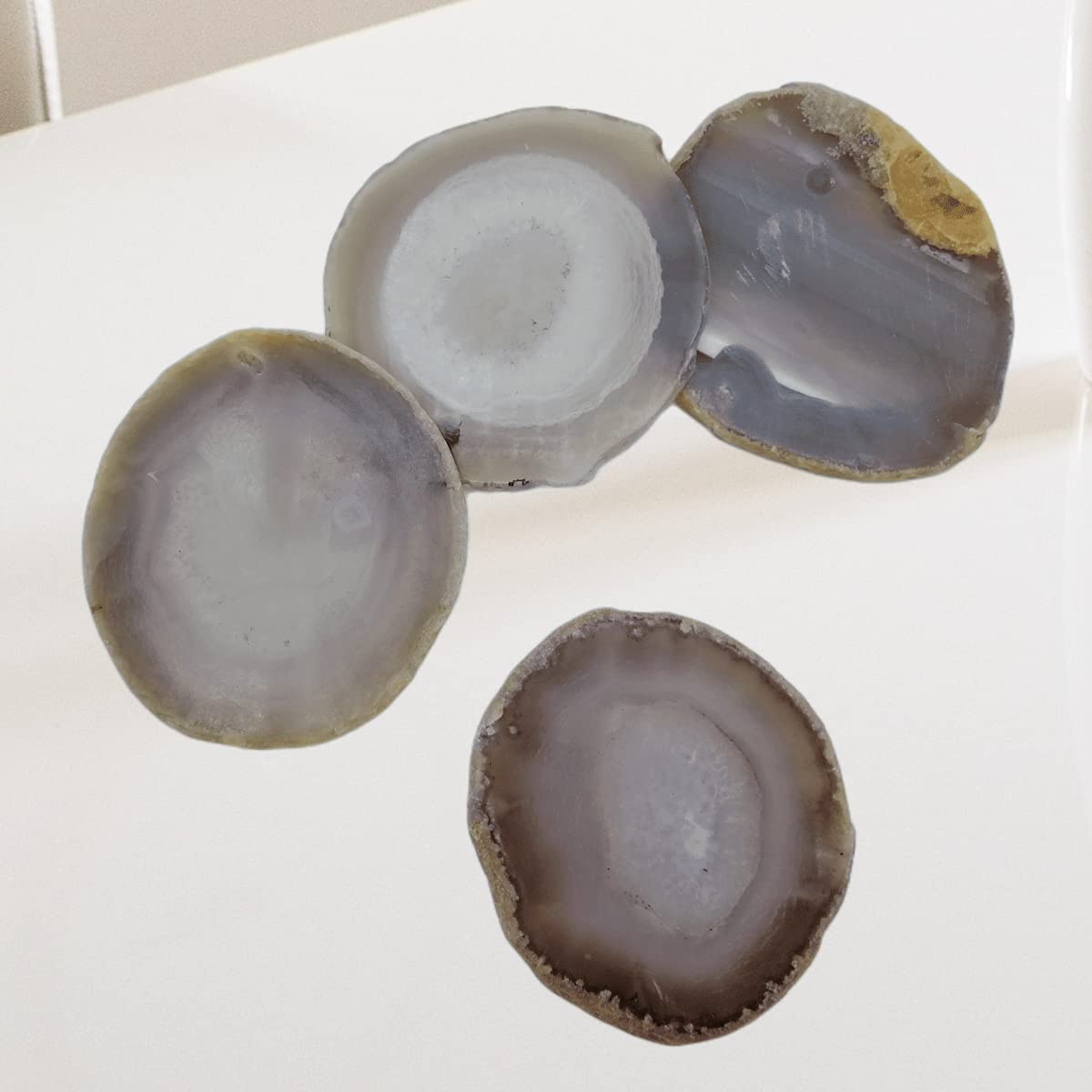 Gray Agate Coaster Drinks Crystal Cup Stone Coasters Set of 4 Geode Agate Slices with Rubber Bumpers for Coffee, Wine or Bar Glasses (4"-5")