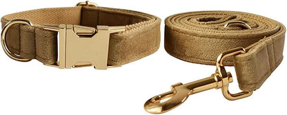 Love Dream Velvet Dog Collar and Leash Set, Soft & Comfy Adjustable Dog Leash and Collar with Heavy Duty Metal Buckle for Small Medium Large Dogs Training & Walking (Large, Khaki)