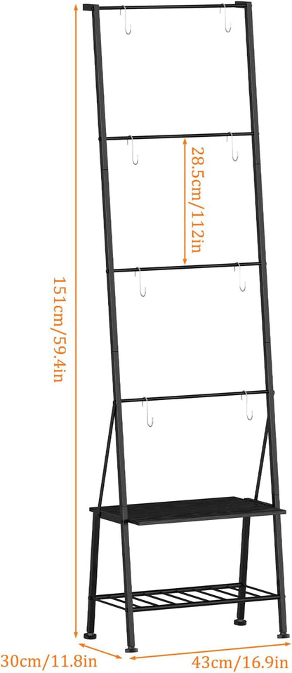 Blanket Ladder Metal Towel Ladder with Shelf Standing Towel Rack Holder for Bathroom 6 Tier Blanket Ladder for the Living Room Blanket Rack with Removable Hooks, Black