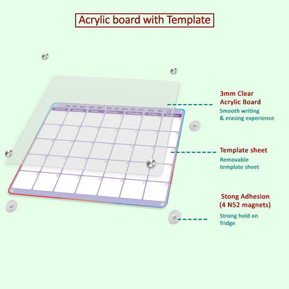 Purple Acrylic Fridge Calendar - Magnetic Calendar for Refrigerator 2 PCS | Calendars for Fridge with Removable Template - Magnetic to Do List for Refrigerator
