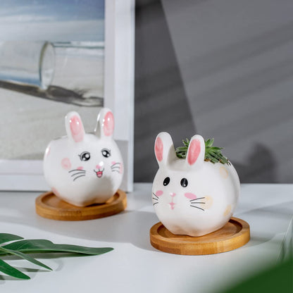 3.6 inch Mini Pots for Small Succulant Plant Ceramic Animal Succulent Planter with Drainage and Bamboo Tray for Easter Bunny Rabbit Gift Lovers (Cute Bunnies)
