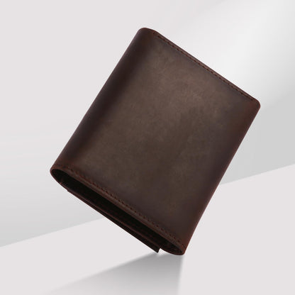 baotuiok Mens Trifold Crazy Horse Leather Wallet with 11 card Slots， Genuine Leather RFID Blocking Wallet for Men（brunet brown）