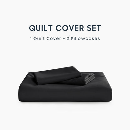 Wake In Cloud - Black Quilt Cover Set, 1000TC Ultra Soft Microfiber Doona Cover Bedding Set in Solid Plain Color (3pcs, Queen Size)