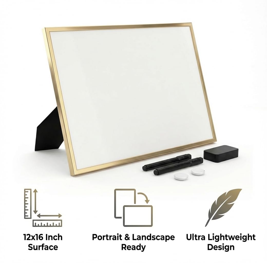 Lulu Office Magnetic Dry Erase Board 12x16 with Foldable Stand, Portable Gold Desktop Whiteboard for Home, Office, School & Kitchen