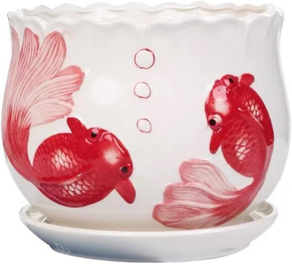 Brother Yixiu Ceramic Home/Garden Modern Flower Planter Pot with Saucer/Tray - Outside Red Fish Design,Meaning More Than Enough Year After Year (Like a Fish in Water)