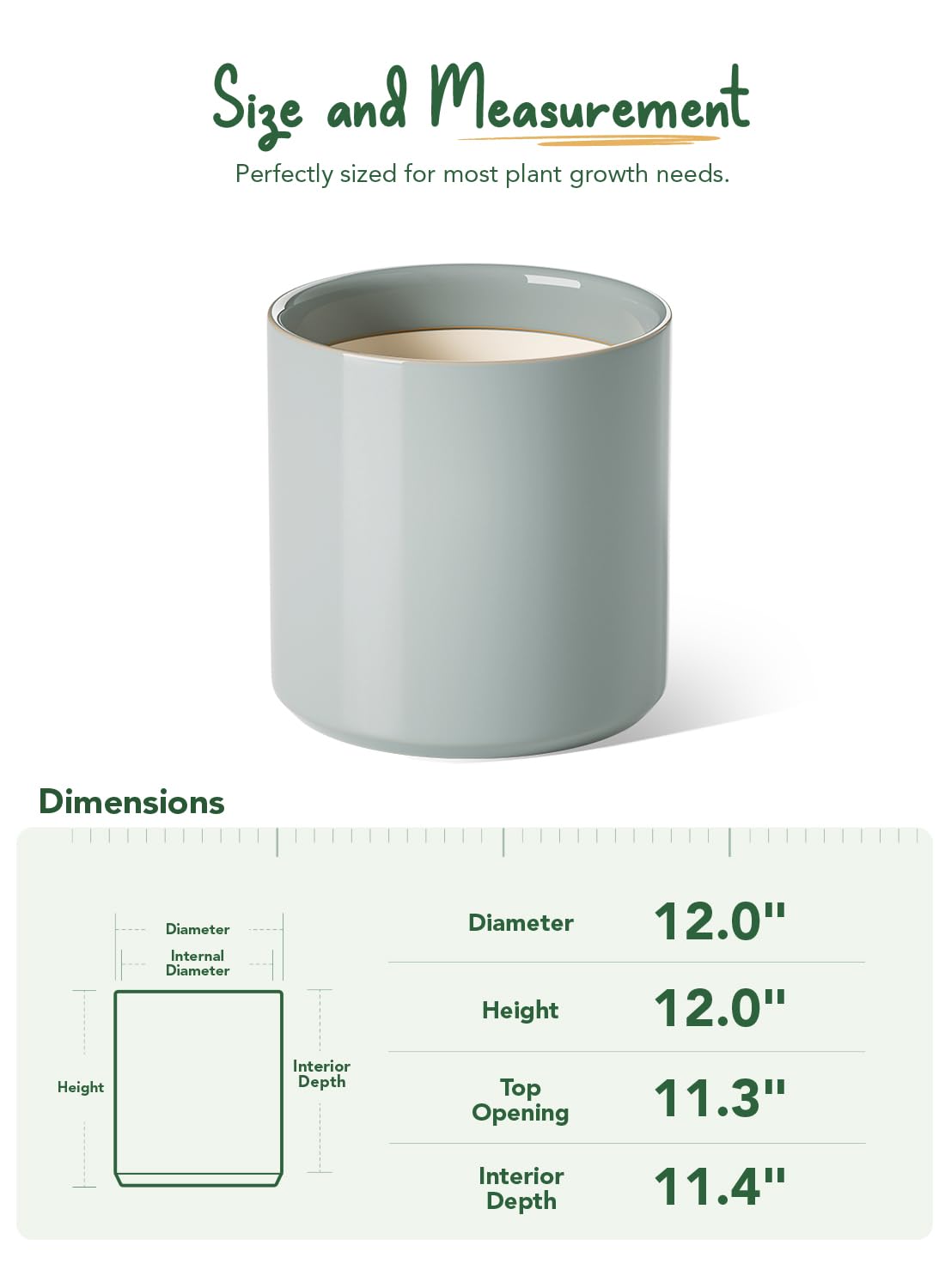 LE TAUCI 12 Inch Pot for Plants, Ceramic Planters for Indoor Plants, Mid-Century Modern Cylinder Flower Pots with Drainage Hole, Fits Fiddle Leaf Fig & Monstera, Home Decor, Mist Gray