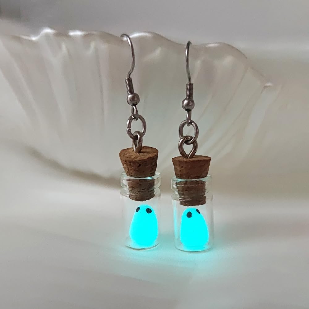 Ghost Earrings(Blue), The Adopt A Ghost In A Bottle Earring, Halloween Tiny Glow-In-The-Dark Spooky Charm Pendant Earrings Christmas Jewelry Gifts for Women