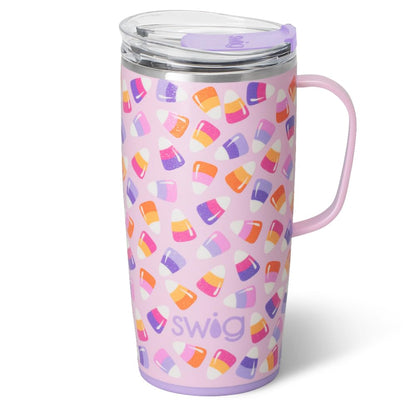 Swig Life 22oz Travel Mug, Halloween Insulated Tumbler with Handle and Lid, Travel Coffee Mug, Cup Holder Friendly, Stainless Steel 22 oz Tumbler, Reusable Insulated with Lid (Candy Corn)