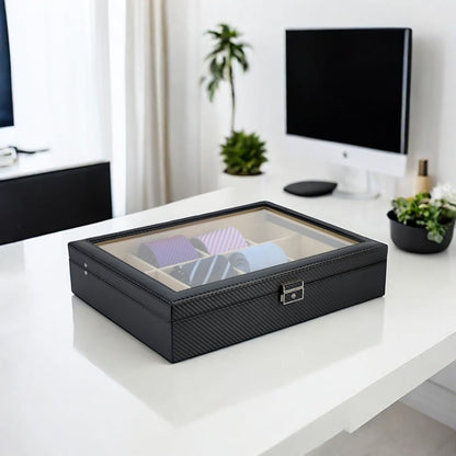 TIMELYBUYS Tie Display Case for 12 Ties, Belts, and Men's Accessories Black Carbon Fiber Storage Box Father's Day