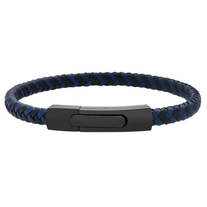 Geoffrey Beene Men's Braided Genuine Leather Fashion Bangle Bracelet with Stainless Steel Clasp (Blue)