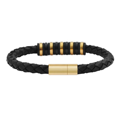 Geoffrey Beene Men's Genuine Braided Leather Bracelet with Stainless Steel Rubber Ornaments (Gold)