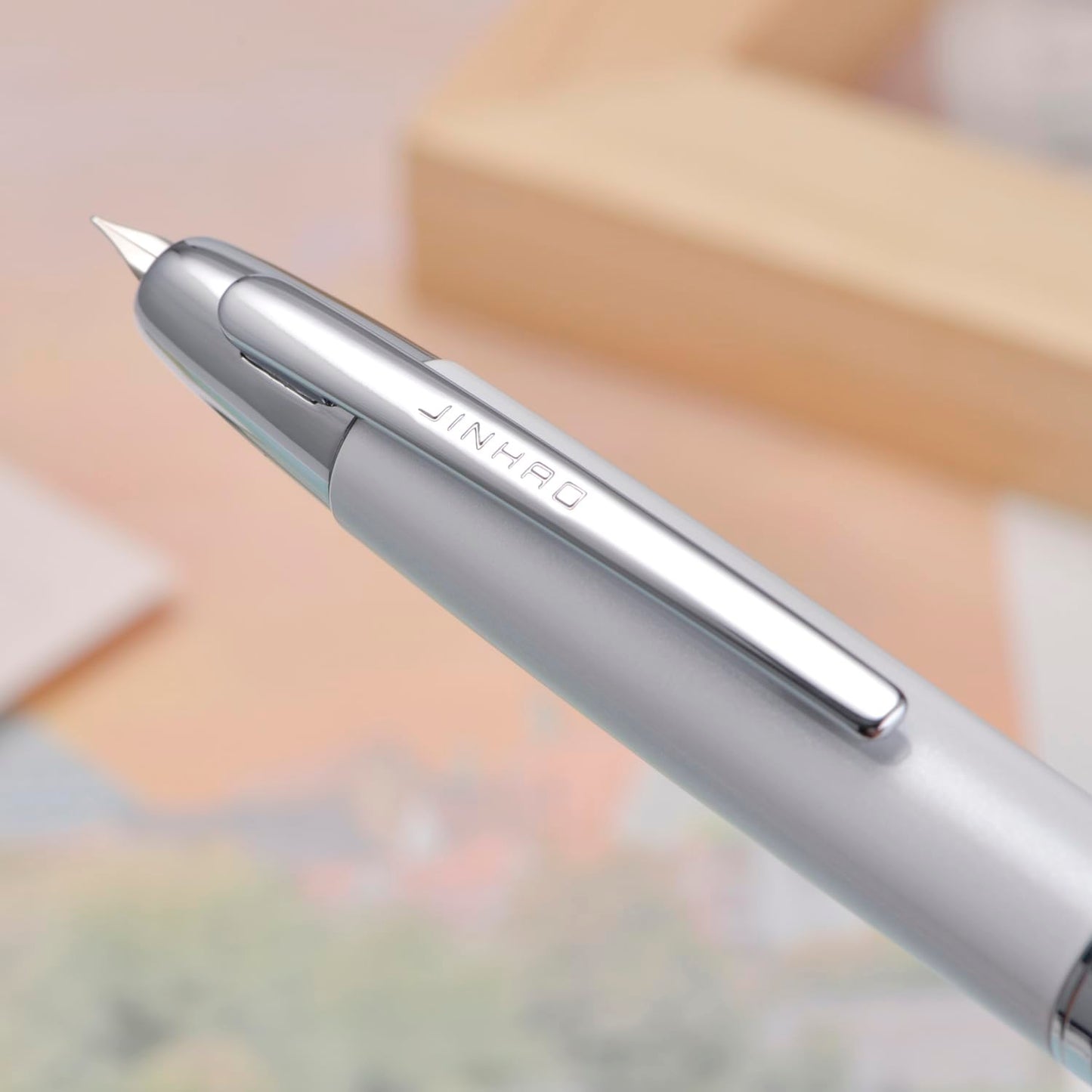 Jinhao 10 Press Fountain Pen with Box, Pearl White Retractable Extra Fine Nib with Ink Converter Set (Silver Clip)