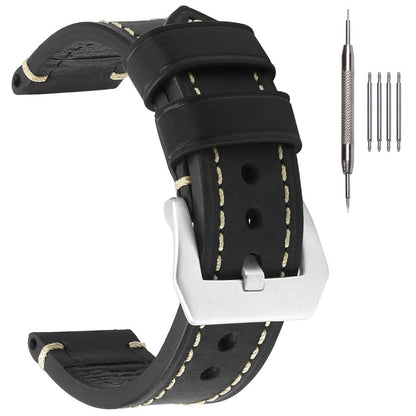 EACHE Black Leather Watch Band, Crazy Horse Genuine Leather Watchbands 22mm Watch Bands,Silver Hardware