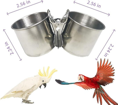 Texsens Bird Feeding Cups - Parrot Food Dish Stainless Steel Parrot Feeders Water Cage Bowls with Clamp Holder for Parakeet African Greys Conure Cockatiels Budgies Chinchilla Small Animal