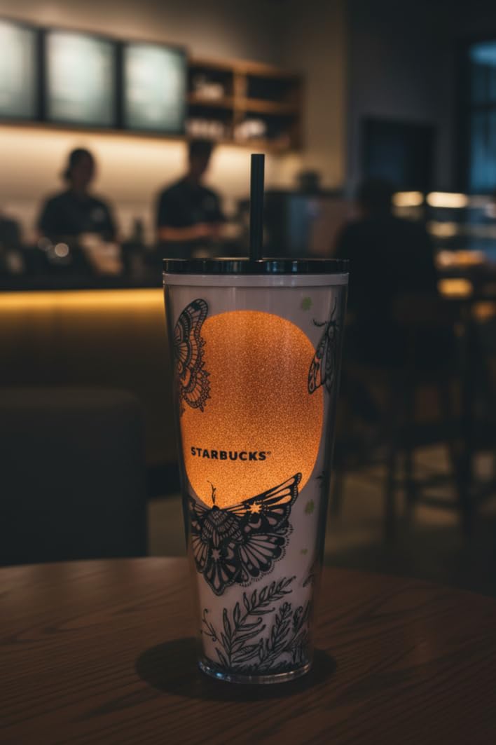 Starbucks Halloween 2025 Moth Moon Glow In The Dark Night Tumbler 24oz – Limited Edition Cold Cup with Straw for Iced Beverages