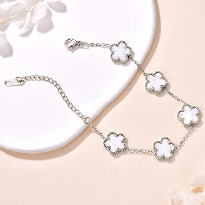 FLY FEI 18K Gold-Plated Four Leaf Clover Bracelet for Women,Adjustable lucky Bracelet Jewelry Gift-Hypoallergenic Charm for Birthdays, Wellness & Daily Wear(style02-White(silvery))