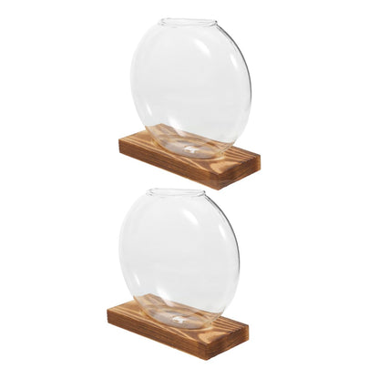 PRETYZOOM Glass Plant Propagation Vases with Wooden Base, 2pcs Hydroponic Glass Containers for Indoor Plants, Terrarium Containers for Home and Office Decor