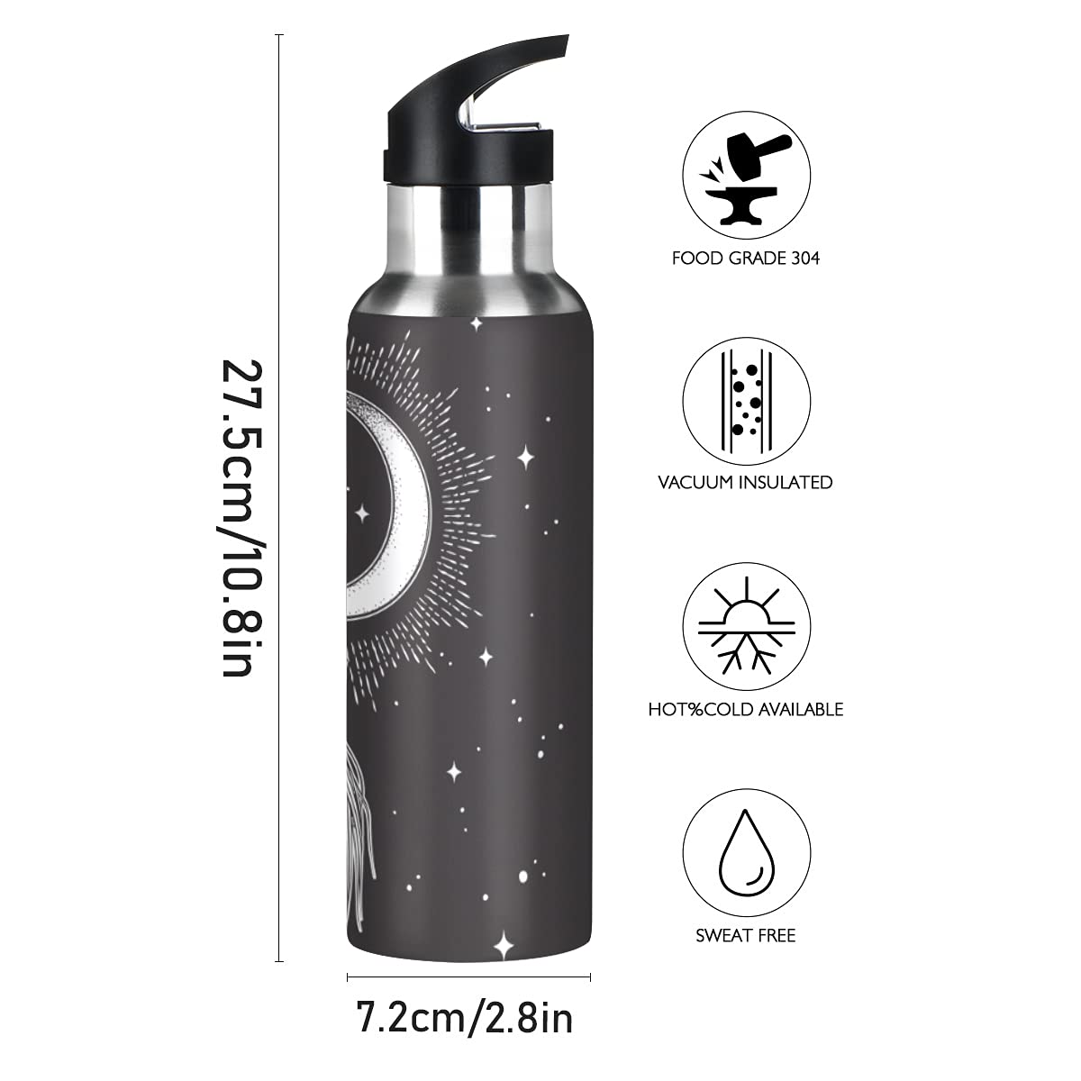Yasala Halloween Sport Water Bottle Witch Moon Broom Stainless Steel Insulated Coffee Cup 20 oz with Straw Lid, Festive Holiday Present