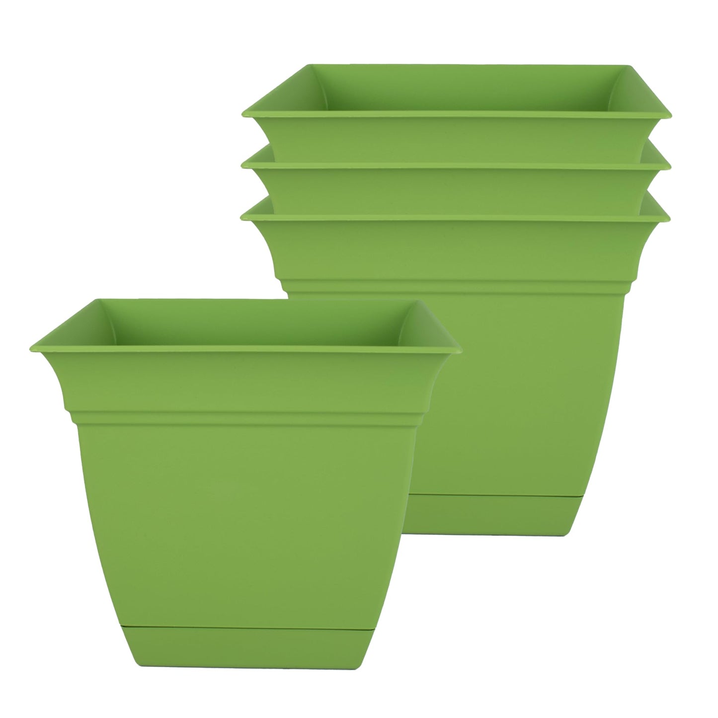The HC Companies 6 Inch Eclipse Square Planter Pots w/Drainage Holes & Attached Saucer, Lightweight UV-Resistant Plastic Indoor Outdoor Planters, 4-Pack Flower Pots, Garden Home Decor, Peridot Green