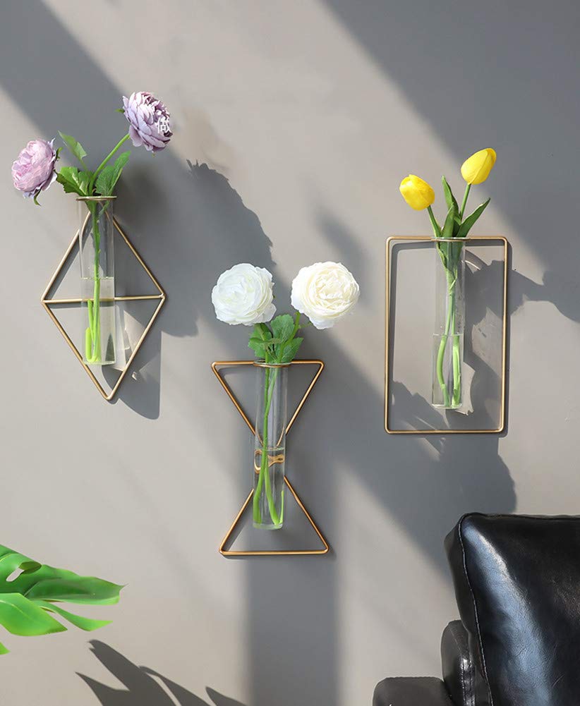 yaocoral Nordic Wall Vase Hanging Geometric Gold Flower Vase Wall Mount Metal Frame Vases Hydroponic Glass Bud Vase Decor for Home Wedding Farmhouse