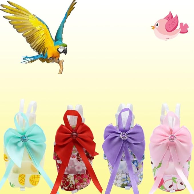6pcs Bow Bird Diaper Set, Soft Reusable Flight Suit Clothing for Parrots Budgies Cockatiels — Cleaner Indoor Bonding & Training(S)(L)