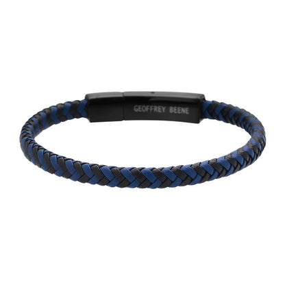 Geoffrey Beene Men's Braided Genuine Leather Fashion Bangle Bracelet with Stainless Steel Clasp (Blue)