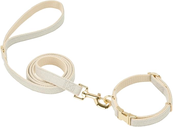 Luxury Soft Cotton Tweed Fabric Dog Collar & Leash Set with Gold Buckle – Durable Fabric, Stylish Design for Everyday Walks(Large Grey)