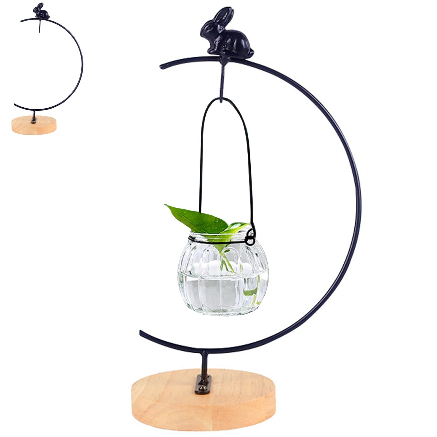 Bemonew Ornament Display Stand, Iron Hanger Air Plant Holder with Wood Base Terrariums Hanging Plant Stand Pot Hook Decoration Rack for Glass Globe Air Flower Pot, Style 2