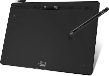 Adesso Large Graphics Drawing Tablet Pad 12 x 7 Inch 8192 Levels Battery-Free Pen, 8 Customizable Keys with Scroll Wheels, Black, Compatible with PC/Mac/Android OS for Painting, Designing, Black