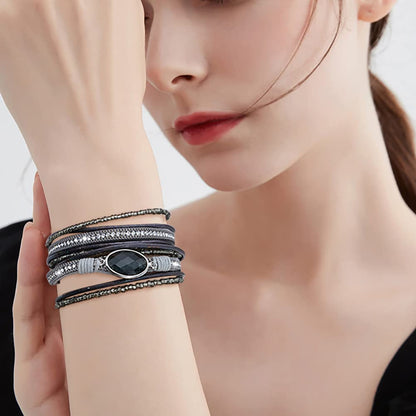 Wovanoo Leather Wrap Bracelet Set 3Pack Leather Cuff Bracelet for Women Multilayer Magnetic Clasp Bracelet Three Crystal